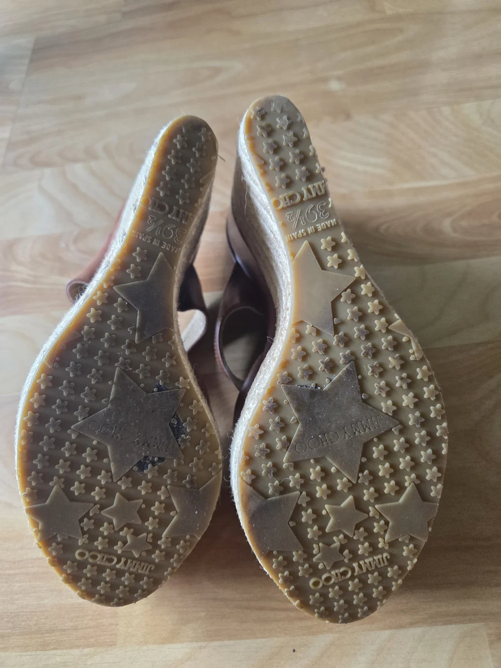 Jimmy Choo Tan Leather Espadrille Wedge Sandals